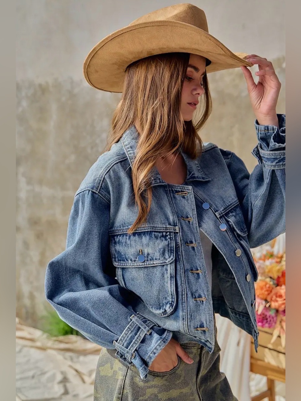 Light wash mineral denim relaxed western boho Jean chic pocket jacket coat